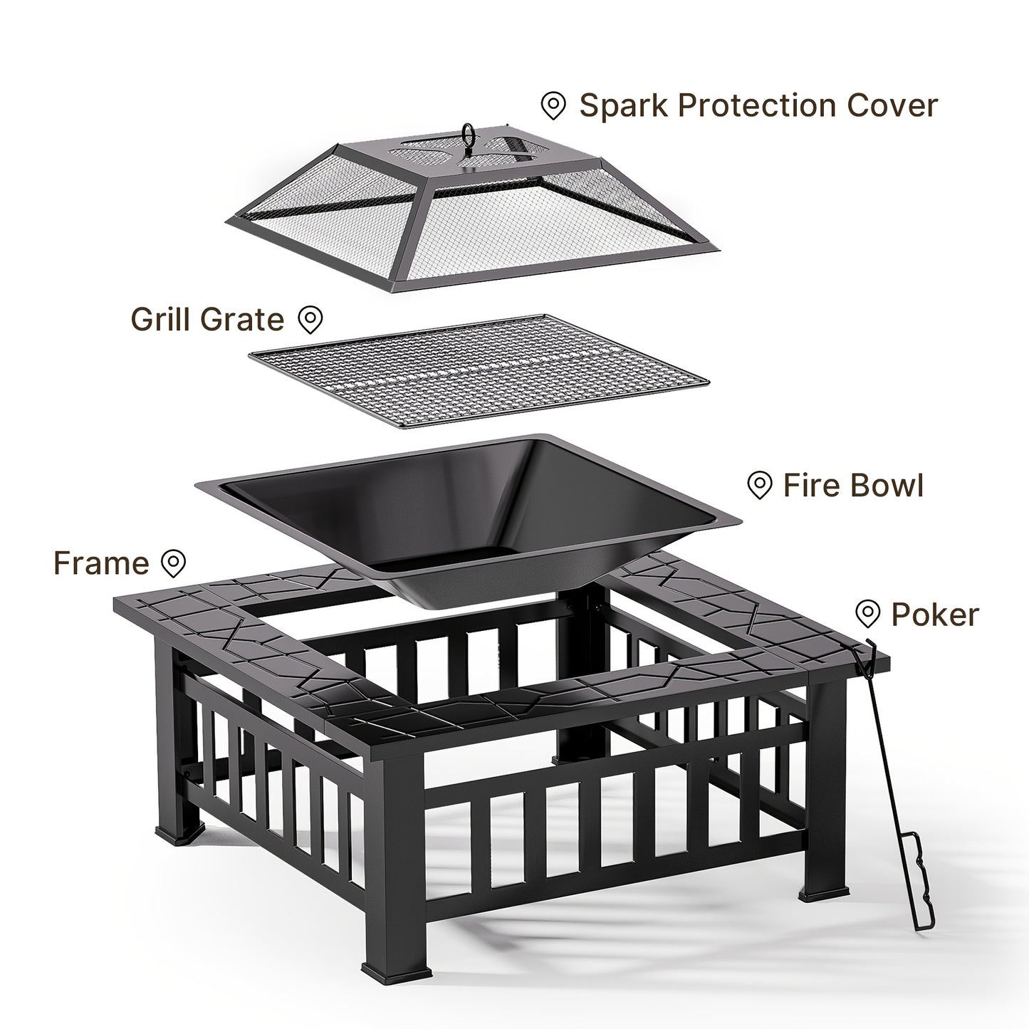 Vuurschaal Vierkant – Vuurkorf – BBQ Grill – Buitenhaard – Tuinhaard – Metaal – Spatscherm – 81x81x35 cm – Inclusief Waterdichte Afdekhoes