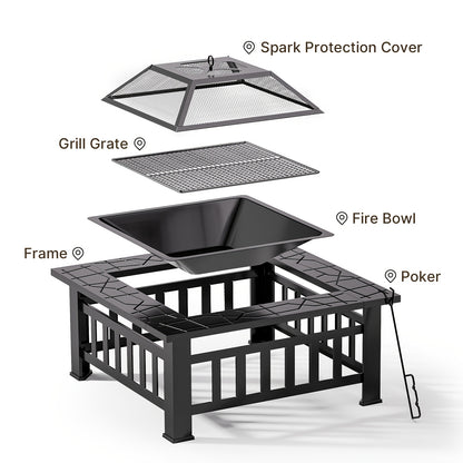 Vuurschaal Vierkant – Vuurkorf – BBQ Grill – Buitenhaard – Tuinhaard – Metaal – Spatscherm – 81x81x35 cm – Inclusief Waterdichte Afdekhoes