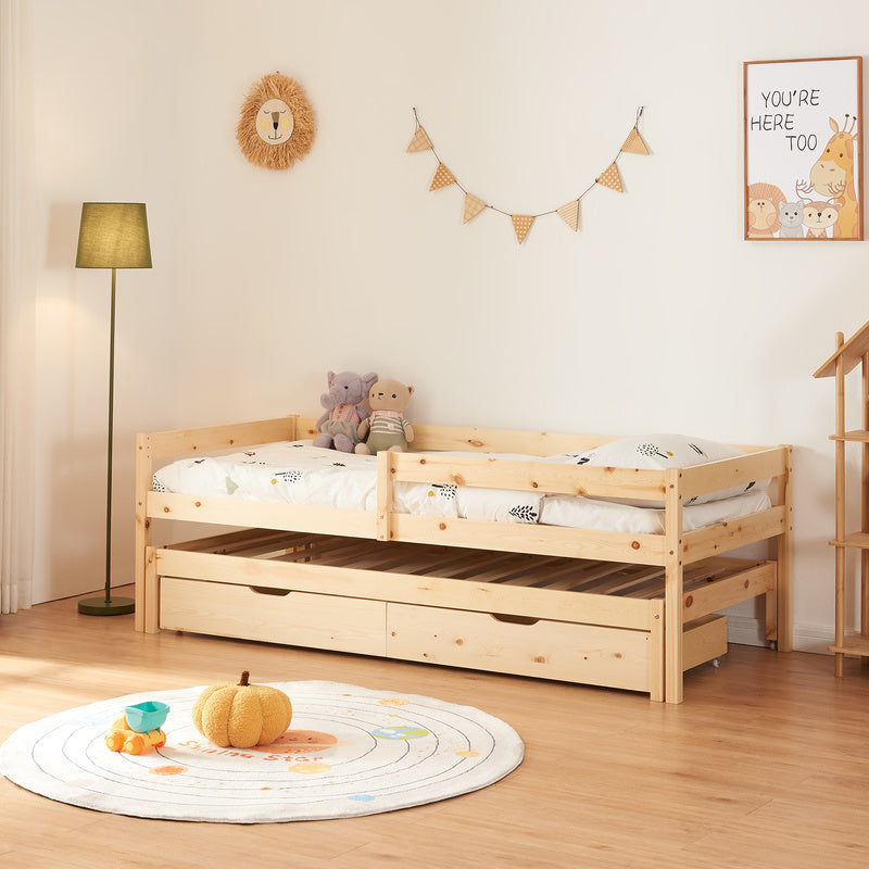 Dubbel Kinderbed – Stapelbed – Uitschuifbaar Bed – Kinderbed Met Laden – Bed Met Opbergruimte – 90x200 cm – Massief Dennenhout Natuurlijk