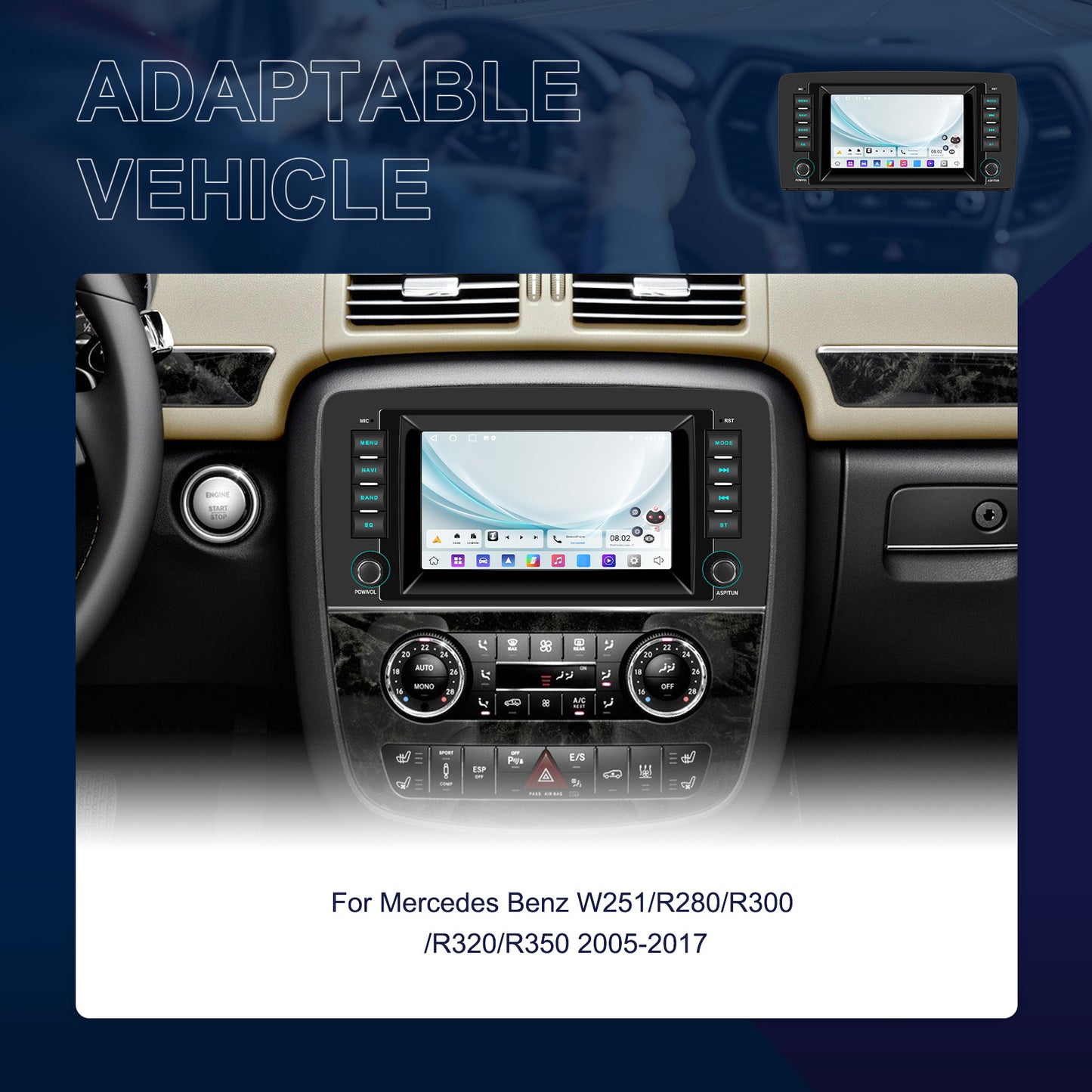 PODOFO [2G+64G] Android 15 7-inch for Mercedes Benz R Class W251 R280 R300 R320 R350 R63 2005-2017, Wireless Carplay/ Android Auto, Android EQ AI DSP/ GPS/ WiFi/ B/ T5.0/ FM/ Mirror Link+Mic, Merry Christmas Gifts, Black Frid