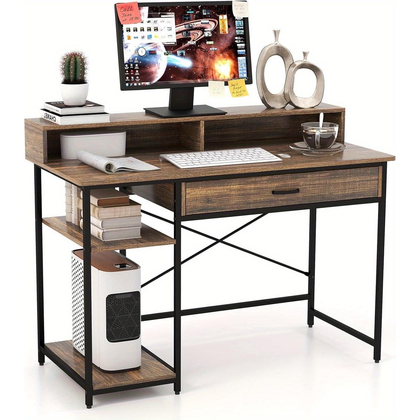 Desk with Drawer, Monitor Stand & 2 Open Shelves, Computer Table with Metal Frame, PC Table, Office Table, 120 x 56 x 90.5 cm, Rustic Brown