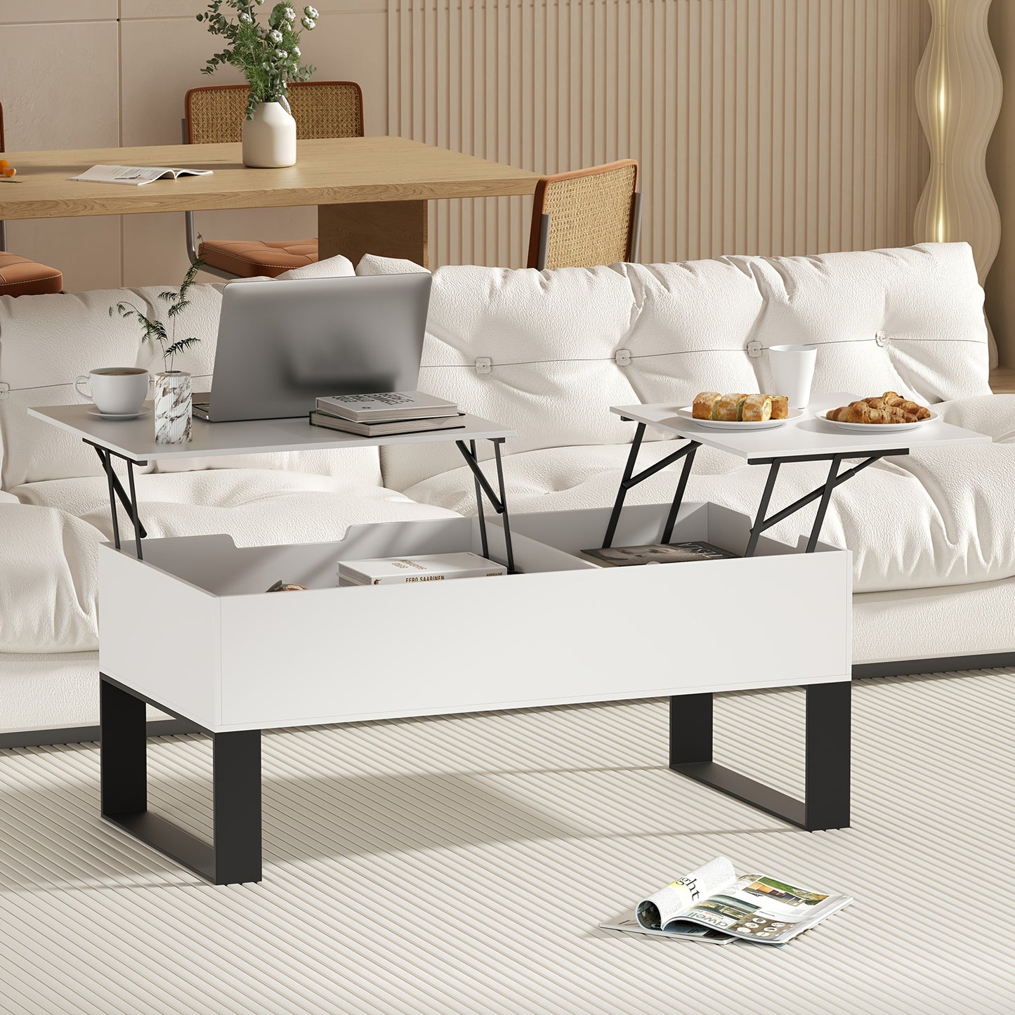 Verstelbare Salontafel – Opbergtable – Uittrekbare Tafel – Hoektafel – Woonkamertafel – Dubbel Lift-Top – MDF Metalen Frame – Wit – Ruimtebesparend – Gemakkelijk Zelf Te Monteren
