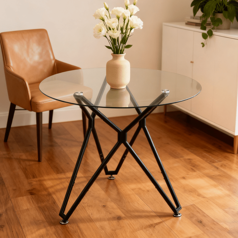 Ronde Eettafel – Eettafel Glas – Tafel Klein – Ronde Tafel – Keukentafel Zwart Metaal – 90 cm Diameter – Gehard Glasblad – Stevig Metalen Onderstel
