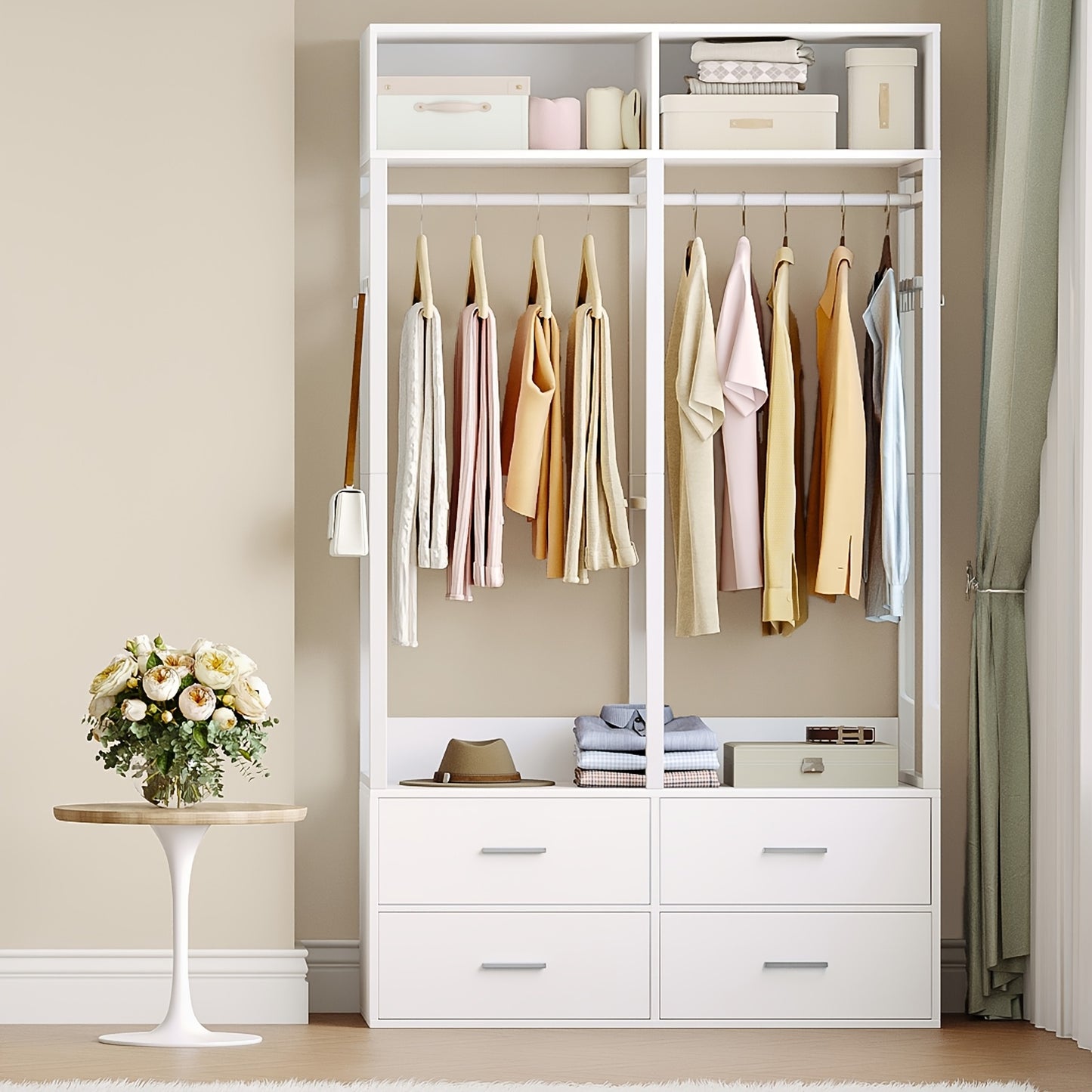Kledingkast – Open Kledingkast – Garderobekast – Opbergkast – Kleerkast – MDF en Metaal – 4 Lades en 8 Haken – 185x100x43 cm – Wit