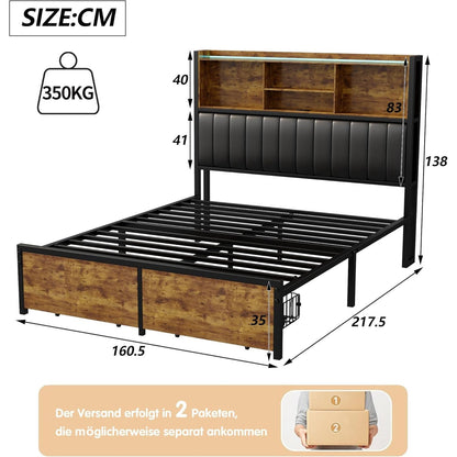 Opbergbed – Tweepersoonsbed – Bedframe – Slaapbank – Boxspring – 180x200 cm – LED Verlichting Hoofdeinde – USB Laadpoort