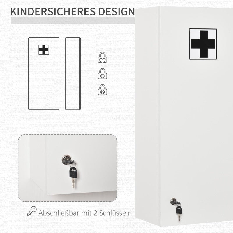 Kleankin Lockable Adjustable Medicine Cabinet with Key Lock & Red Cross Emblem - White Retro Style First Aid Storage Cabinet with Shelves & Door Storage, No Power Required for Home, Office, Bathroom, or Use - Durable & Portab
