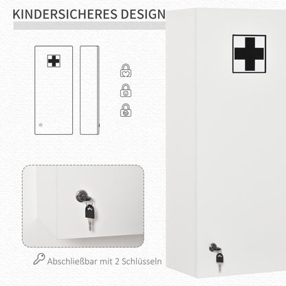 Kleankin Lockable Adjustable Medicine Cabinet with Key Lock & Red Cross Emblem - White Retro Style First Aid Storage Cabinet with Shelves & Door Storage, No Power Required for Home, Office, Bathroom, or Use - Durable & Portab