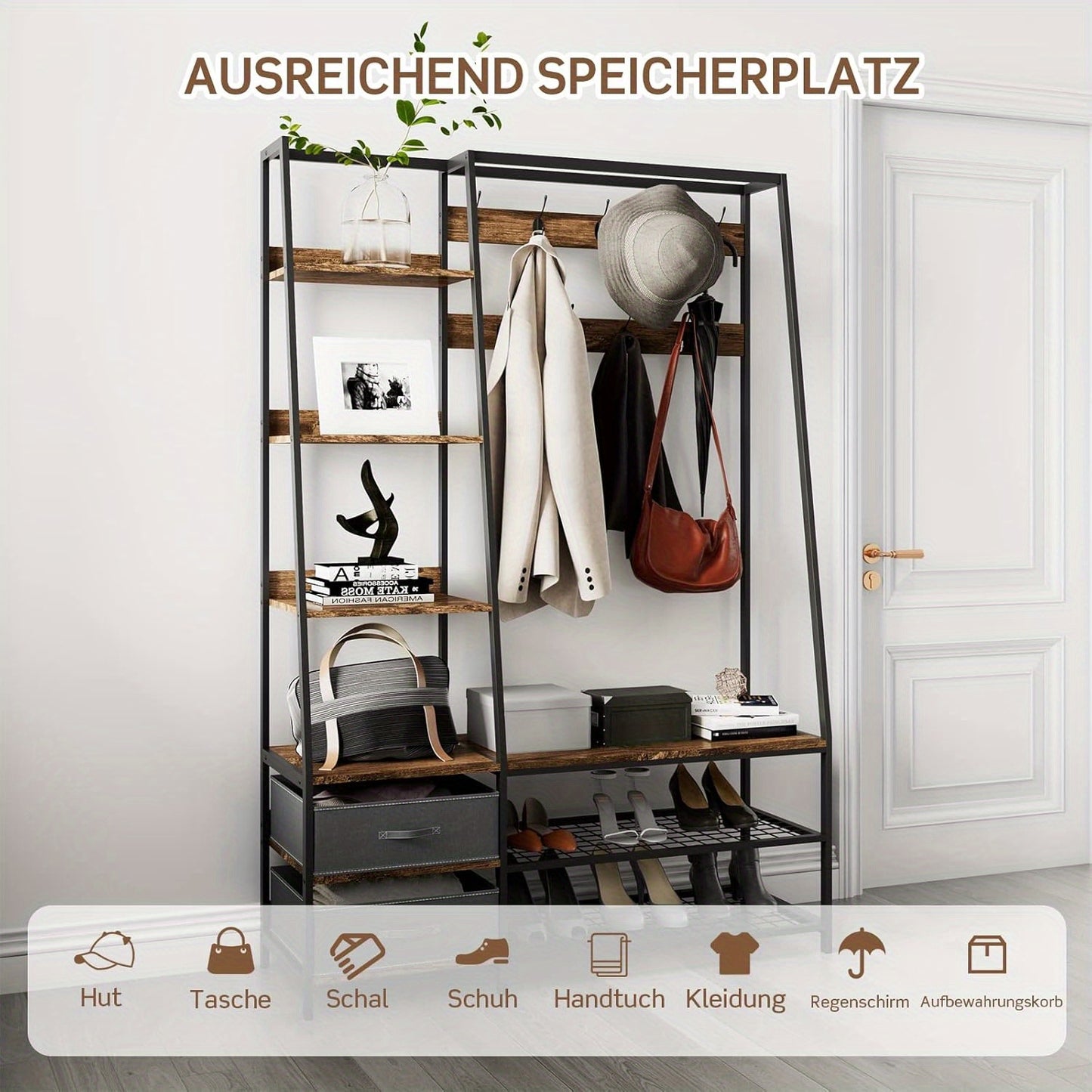 Kapstok – Garderoberek – Staande Kapstok – Wandkapstok – Schoenenrek – 9 Haken & 2 Lade – Industrieel Ontwerp – 122x40x180 cm – Hout & Staal – Draagkracht 35 kg