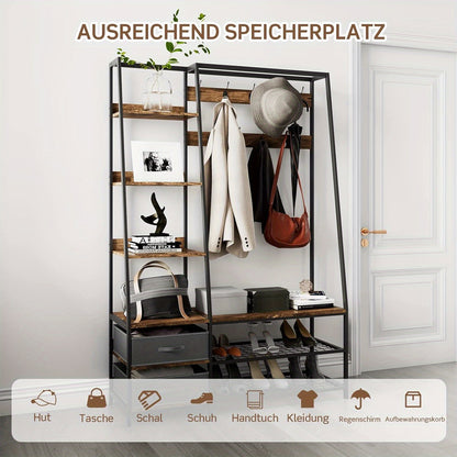 Kapstok – Garderoberek – Staande Kapstok – Wandkapstok – Schoenenrek – 9 Haken & 2 Lade – Industrieel Ontwerp – 122x40x180 cm – Hout & Staal – Draagkracht 35 kg