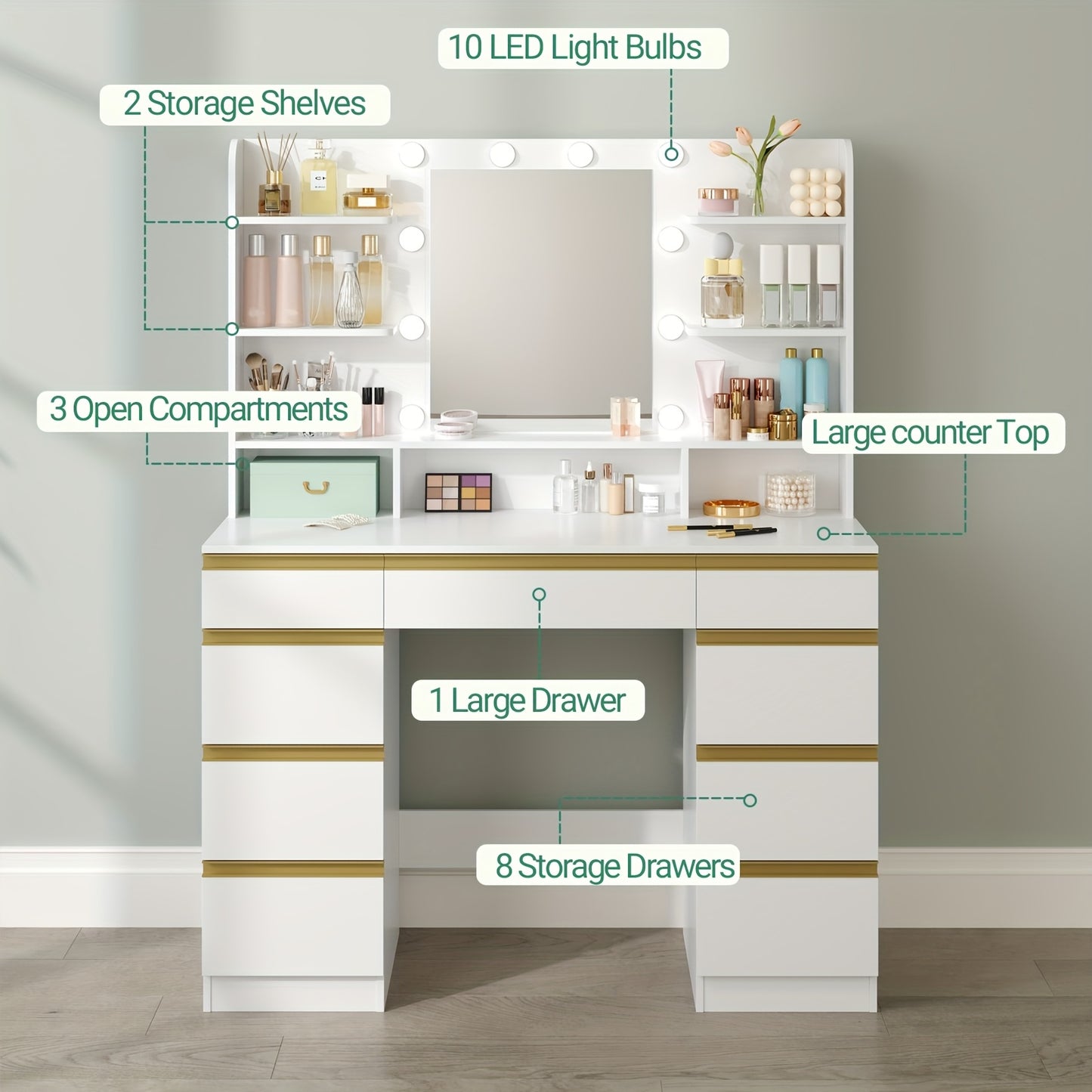 Make-up Tafel – Kaptafel – Visagie Tafel – Makeup Bureau – Dressing Table – Wit met Gouden Accenten – 10 LED-lichtbollen met Instelbare Kleur en Helderheid – Groot HD Spiegeloppervlak