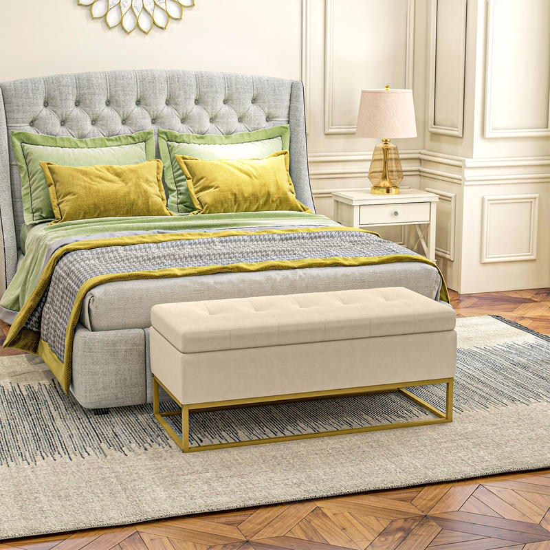 Storage Bench with Decorative Button Tufting, Flannel Look, Gold Steel Legs, 110 x 47 x 46.5 cm