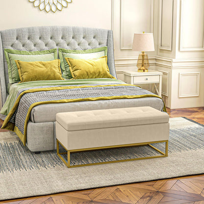 Storage Bench with Decorative Button Tufting, Flannel Look, Gold Steel Legs, 110 x 47 x 46.5 cm