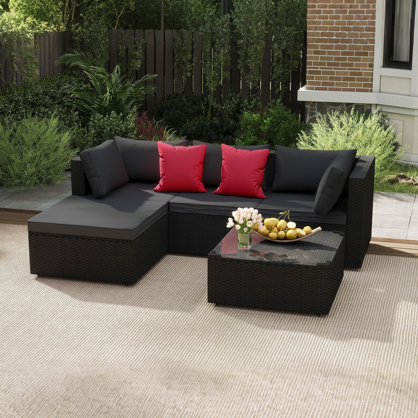 Tuinmeubelen – Loungeset – Balkonset – Zitgroep – Tuinset – PVC Rattan – 5-Delige Set – Inclusief Kussens