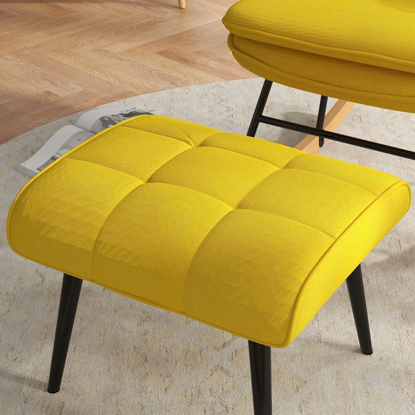 Schommelstoel – Schommelstoel Met Voetenbank – Relaxfauteuil – Wiebelfauteuil – Linnen Look Fauteuil – Gele Variant – Ergonomisch Comfort – Massief Beukenhout Frame