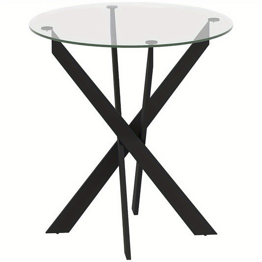 Eettafel – Ronde Tafel – Keukentafel – Diner tafel – Glas Tafel – 70x75 cm – Gehard Glas Blad – Zwart Metalen Poten