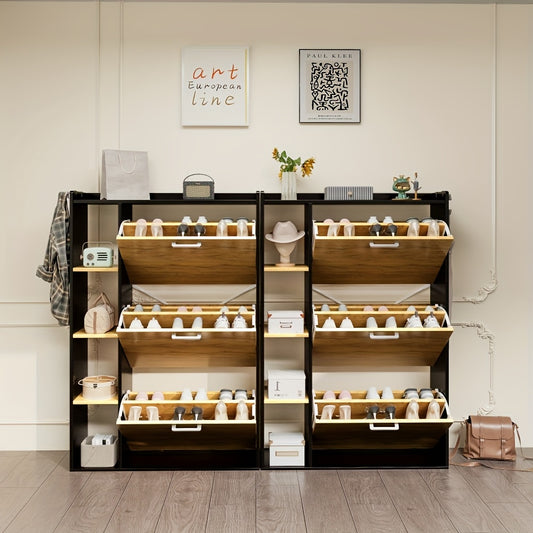 Schoenenkast – Schoenenopberger – Schoenenrek – Halmeubel – Schoenentoren – Smal Design – 3 Deuren – Hardhouten Constructie – Zwarte Afwerking – Bovenblad Display – Ruimtebesparend