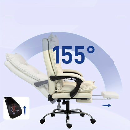 Bureaustoel – Kantoorstoel – Office Chair – Werkstoel – Bureau Stoel – Ergonomisch Design – Verstelbare Zithoogte 55-63 cm – Ingebouwde Voetensteun – Beige Kunstleer – Stevige Houten Basis