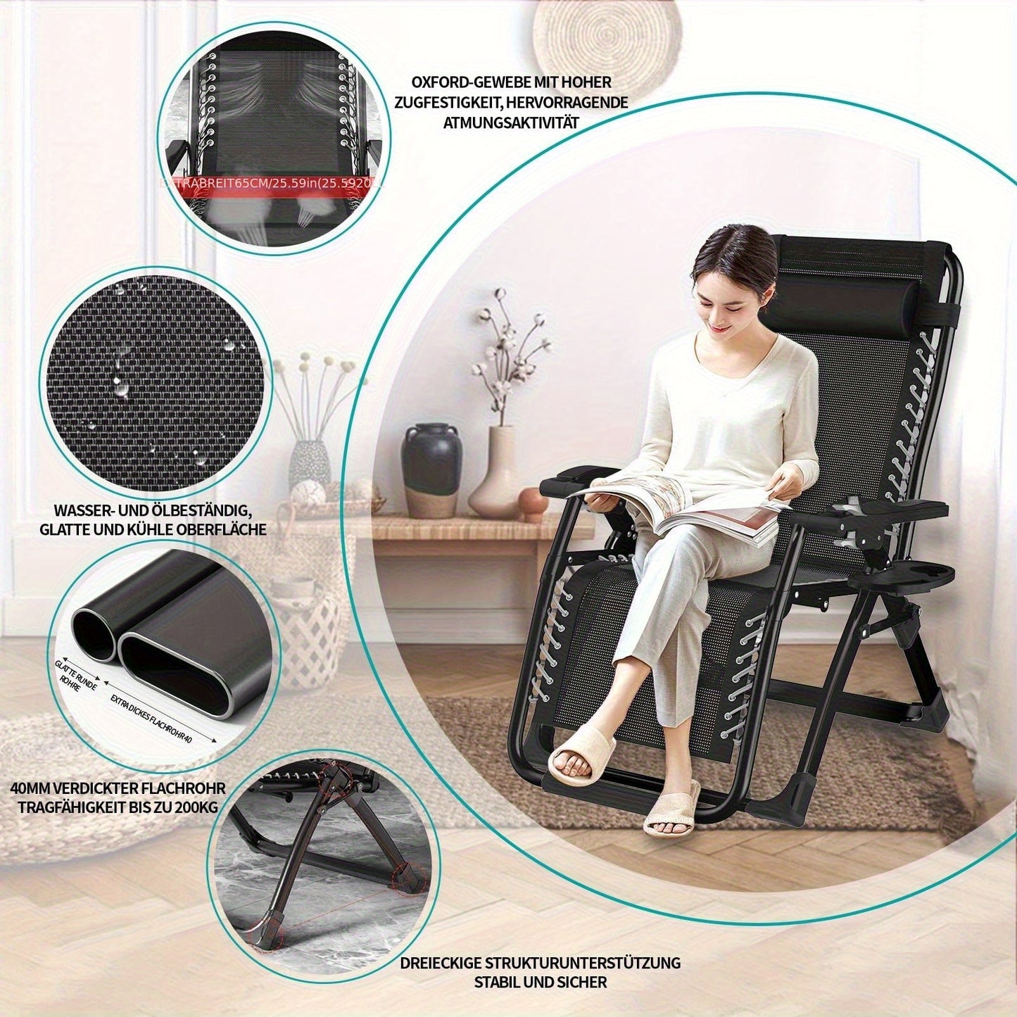 Inklapbare Ligstoel – Ligbed – Recliner – Tuinstoel – Zonnestoel – Verstelbare Rugleuning – Carbonstaal Frame 240 kg Belastbaar – Ademend Polyester Kussen – Zwart