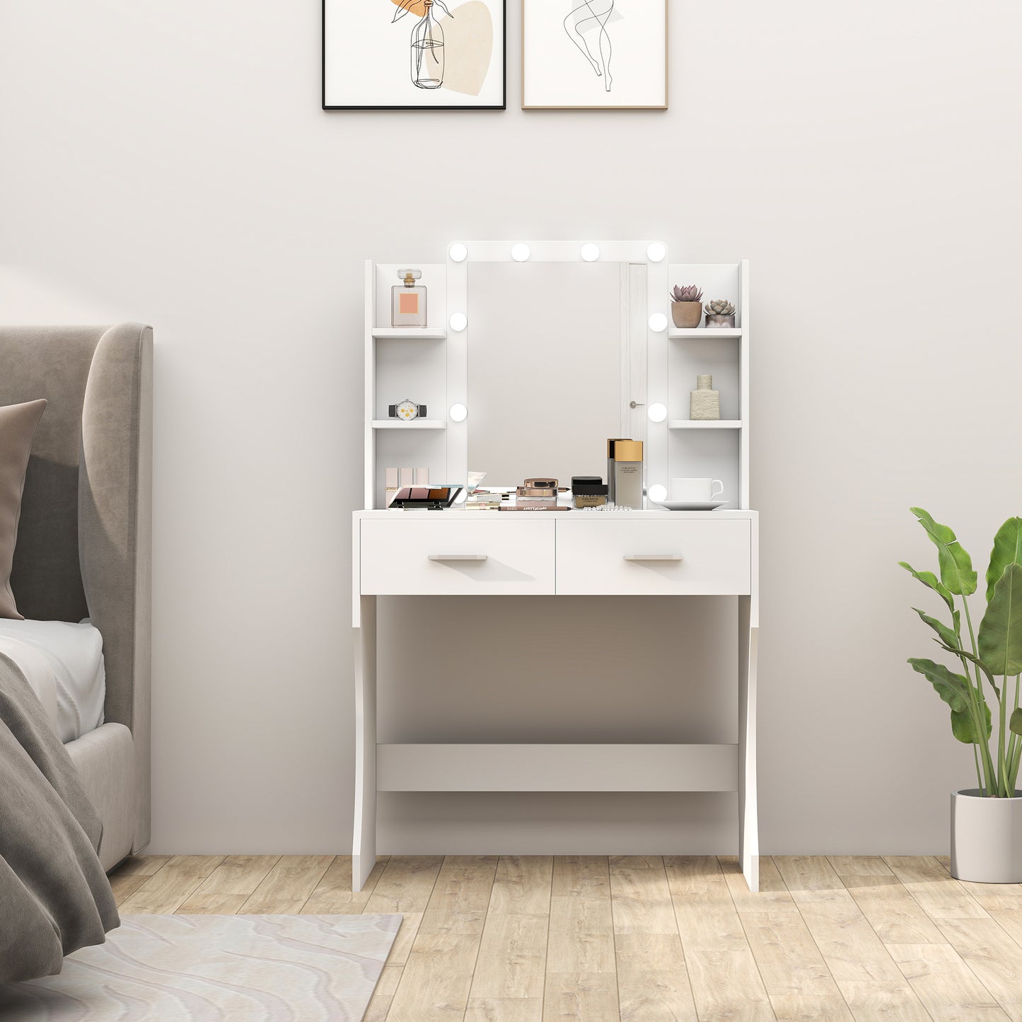 Make-uptafel – Make-up tafel – Make-up meubel – Beauty tafel – Schminktisch – Wit design – Dimbare LED-verlichting – Ruime opberglades
