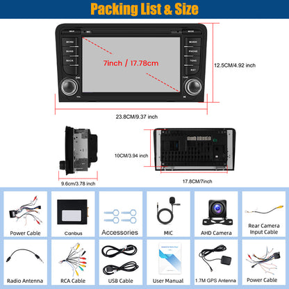 Autoradio – Multimedia Systeem – 7 Inch Scherm – Android 15 – Audi A3 8P S3 RS3 – Draadloze CarPlay – Android Auto – AHD Achteruitrijcamera – 4GB RAM 64GB Opslag