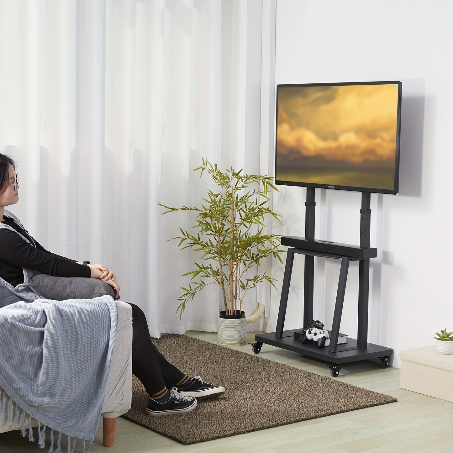 Mobile TV Stand on Wheels: Heavy Duty TV Trolley for 32-80 inch LCD LED OLED Flat TVs Rolling TV Floor Stand with 2 Tier Metal Shelf Height Adjustable Holds up to 65kg Max VESA 600x400mm
