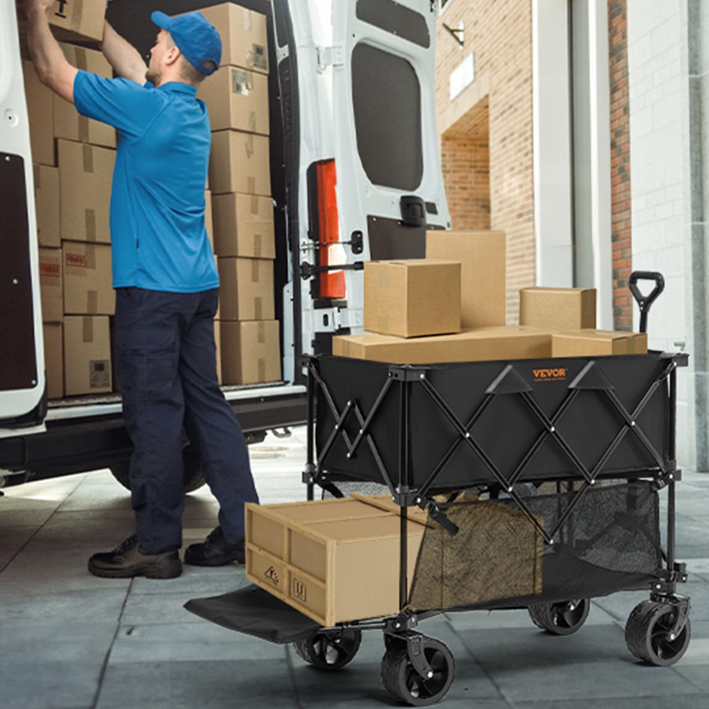 Opbergwagen – Bolderkar – Transportwagen – Vouwwagen – Trolley – Dubbele Laag – Stevig Gepoedercoat IJzer – Grote Opbergruimte 304L – All-Terrain Banden Zwart