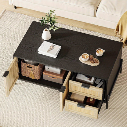 Salontafel – Koffietafel – Bijzettafel – Woonkamertafel – Middentafel – Mid-Century Design – Compact Met Opbergruimte – Zwart MDF Met Rattan Accenten