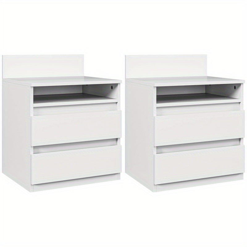 Nachtkastje – Bijzettafel – Bedside Table – Ladekast – Opbergkast – Set van 2 – Wit – 2 Lades en Open Plank – Compact 40x32x50 cm
