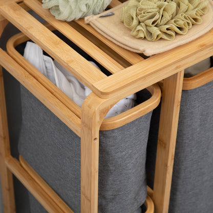 Bamboe Wasmand – Wasbak – Wasbox – Wascontainer – Wasopvang – Natuurlijke Grijze Kleur – 3 Uitneembare Mandjes – Compact & Ventilerend Ontwerp