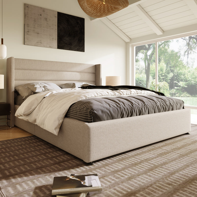 140x200cm Upholstered Hydraulic Storage Bed with Slatted Frame - Modern Retro Double Bed with Metal Frame & Beige Linen Fabric, Space-Saving Design, 181.44KG Weight Capacity, Easy-Clean Surface, No Box Spring Needed, Assembly