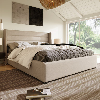 140x200cm Upholstered Hydraulic Storage Bed with Slatted Frame - Modern Retro Double Bed with Metal Frame & Beige Linen Fabric, Space-Saving Design, 181.44KG Weight Capacity, Easy-Clean Surface, No Box Spring Needed, Assembly