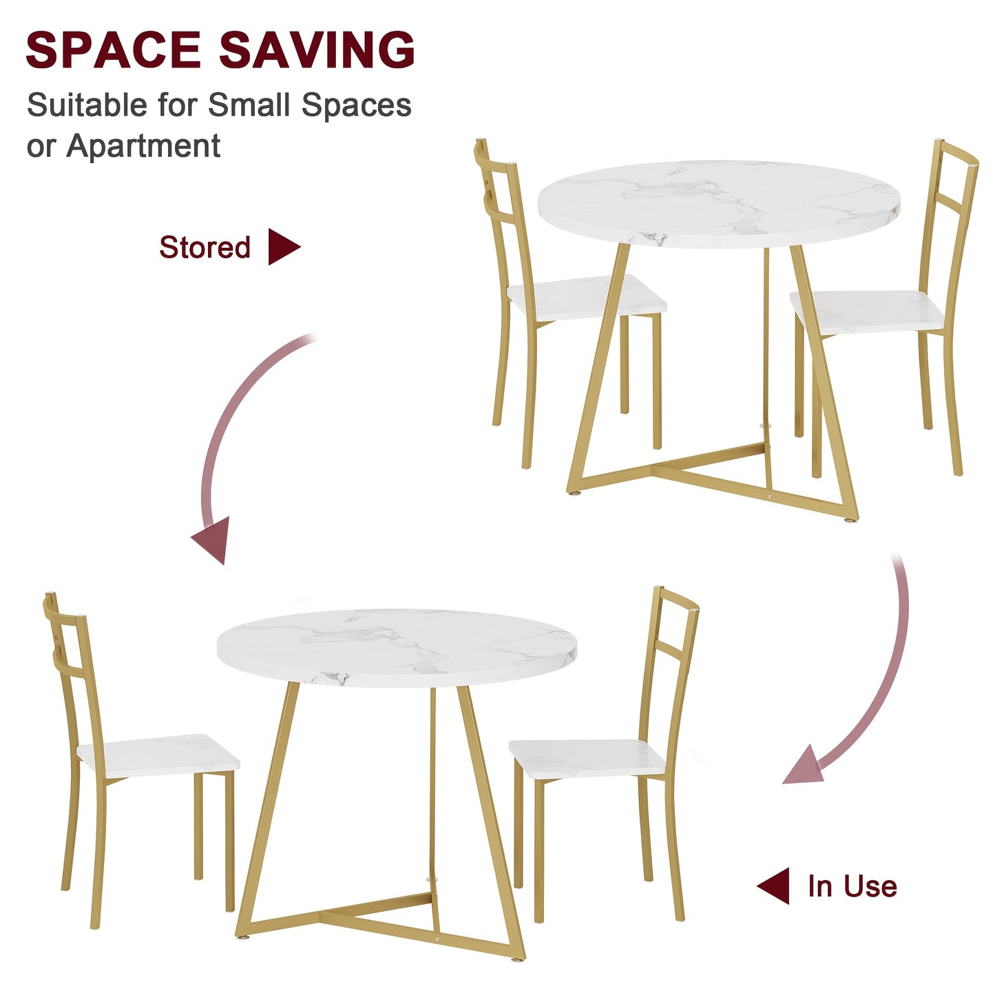Eettafel Set – Eethoek – Keukentafel Set – Zitgroep – Eetkamer Set – Ronde Tafel 80 cm – MDF Marmerlook Met Gouden Metalen Frame – Compact & Duurzaam
