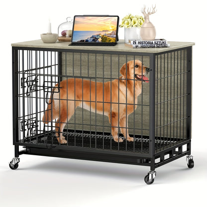 Hondenbench – Hondenkooi – Hondenkennel – Hondenhok – Hondenverblijf – 68,58 cm Groot – Dubbele Deuren & Uitneembare Lade – Rustiek Grijs
