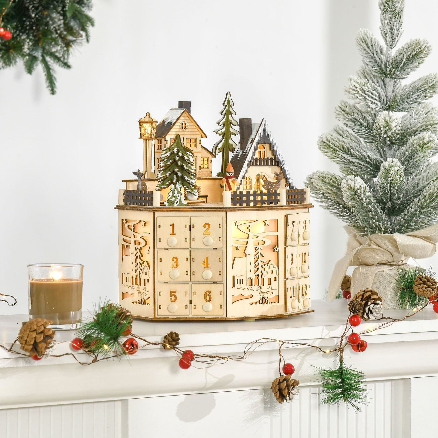 Adventskalender – Aftelkalender – Kerstkalender – Cadeaukalender – Sfeerkalender – 24 Laden – Natuurlijke Houten Afwerking met LED-Verlichting Zonder Stroomkabel