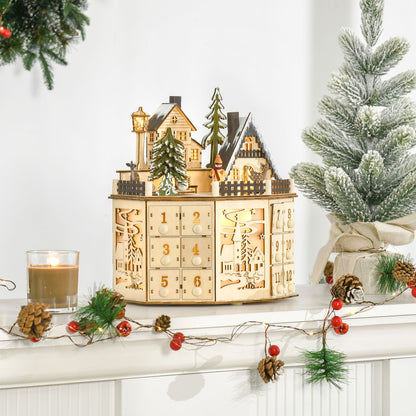 Adventskalender – Aftelkalender – Kerstkalender – Cadeaukalender – Sfeerkalender – 24 Laden – Natuurlijke Houten Afwerking met LED-Verlichting Zonder Stroomkabel