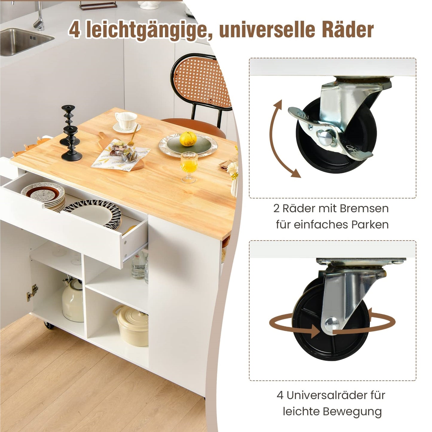Mobiele Keukenkar – Keukentrolley – Keukenwagen – Serveerwagen – Keukenblok – Uitschuifbaar Werkblad – Veel Opbergruimte – Wit
