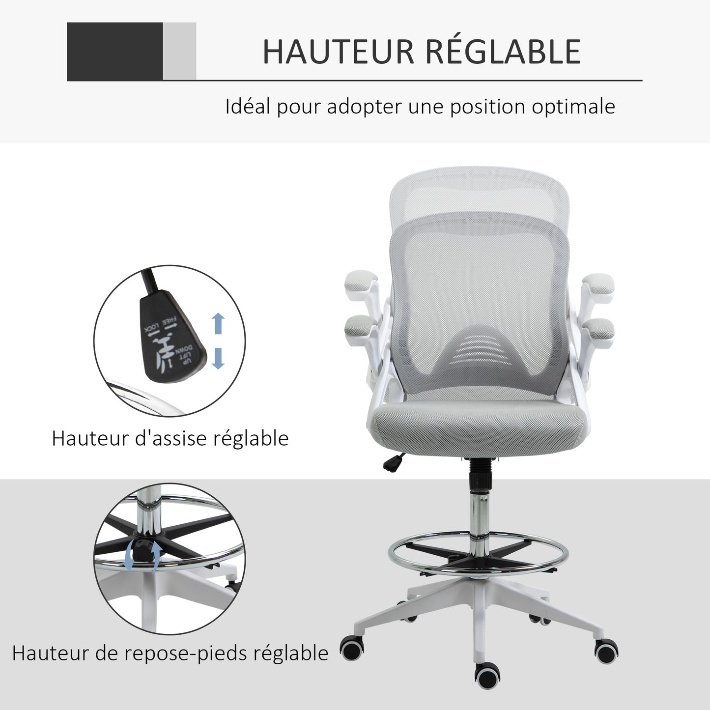 Bureaustoel – Office Chair – Werkstoel – Draaistoel – Bureaustoel Met Wieltjes – Verstelbare Hoogte – Ademend Mesh Grijs-Wit