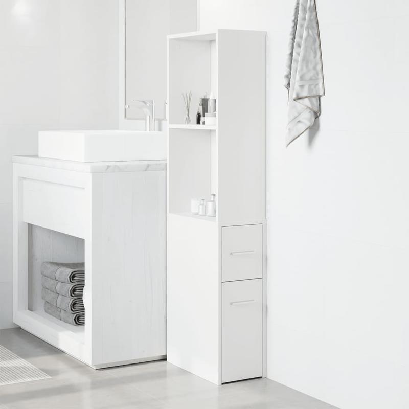 Badkamerkast – Badkamermeubel – Opbergkast – Kolomkast – Smal Kastje – Wieltjes – Hardhouten Materiaal – Lade En Bovenplank