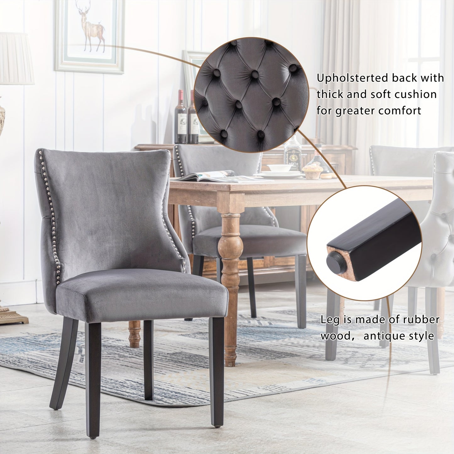 Dining Chair, Four-Legged Chair, Grey Velvet Dining Chair with Button Stitching for Absolute Comfort, Grey, Two Pieces, 50*45*91 Cm