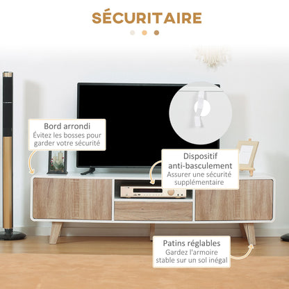 Tv-meubel – TV-kast – Tv-standaard – Tv-dressoir – Lowboard – Scandinavisch design – MDF wit met licht eiken – 2 deuren en lade