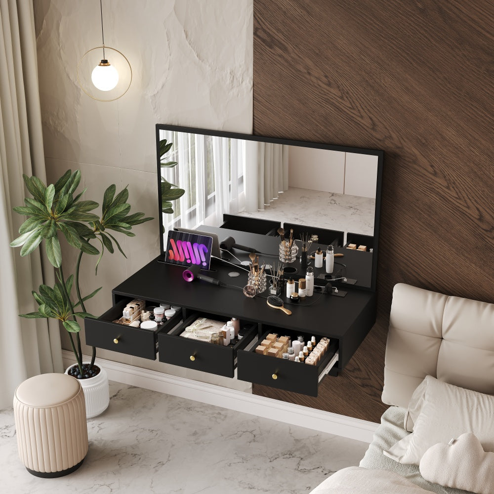 Modern Black Wall-Mounted Vanity Unit with Mirror - 3-Drawer Storage, Tablet Holder & Cup Rack, Space-Saving Bathroom/Bedroom Organizer, Metal Construction, Easy Assembly, 100.08cm Height, 3.2 Cu Ft Capacity, No Batteries/Ele