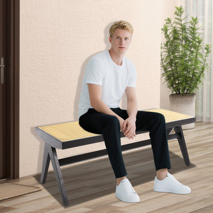 Modern Wicker 3-Seater Entryway Bench with Shoe Storage - Black Rattan Contemporary Low-Profile Furniture, Space-Saving for 3 People, Easy Assembly, Compact for Hallway, Porch, - Stands Alone, No Baseboard Mounting Required