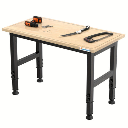 Adjustable Workbench 120cm, Wooden Workstation with Graduated Lines, 85-105cm Heights, 900kg Load Capacity, Heavy Duty Workbench with Wheels And Footrest