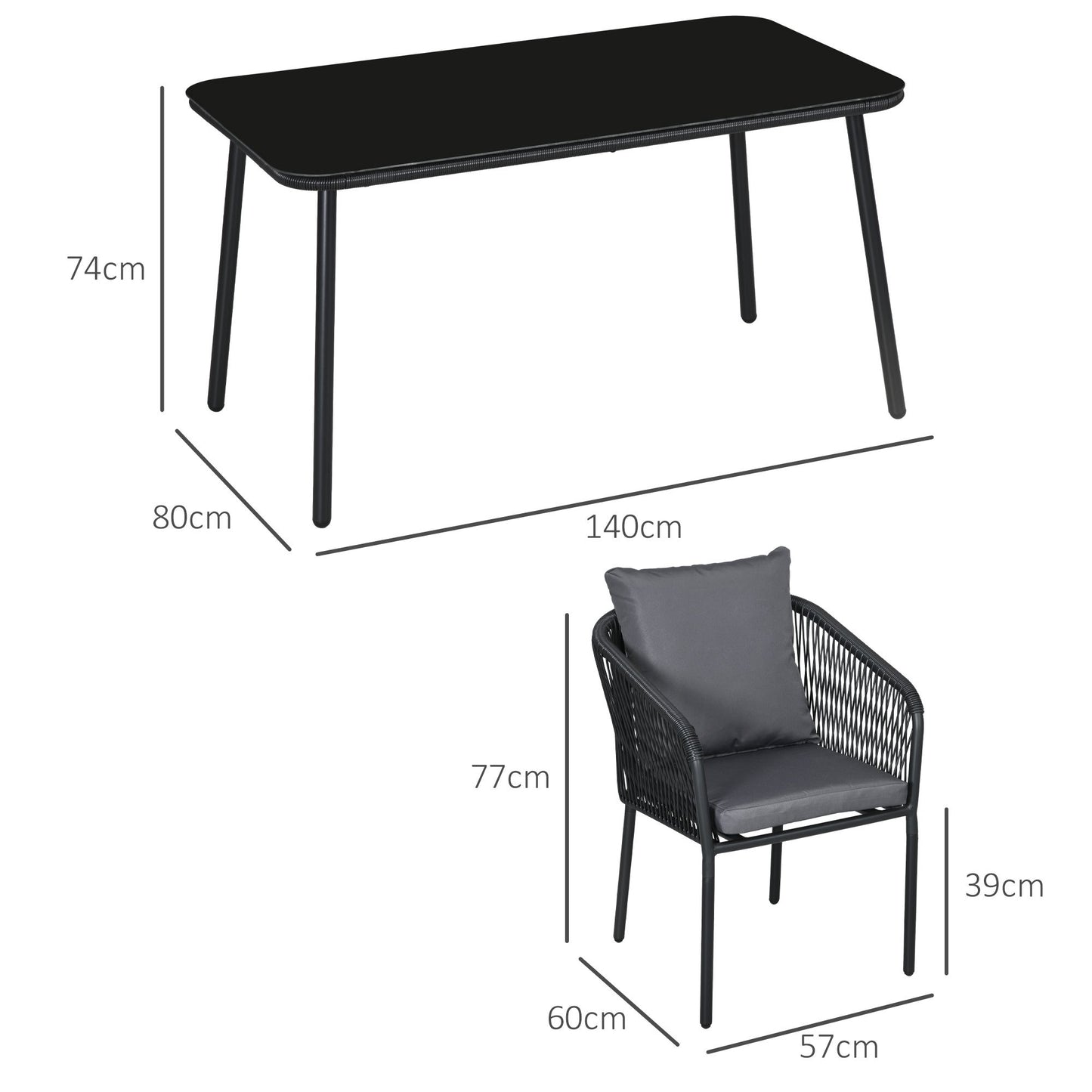 Tuinset 4 Personen – Tuinmeubel Set – Buitentafel Met Stoelen – Balkonset – PE Rattan Meubel – Weerbestendig Aluminium Frame – 140x80x74 cm Tempered Glasblad
