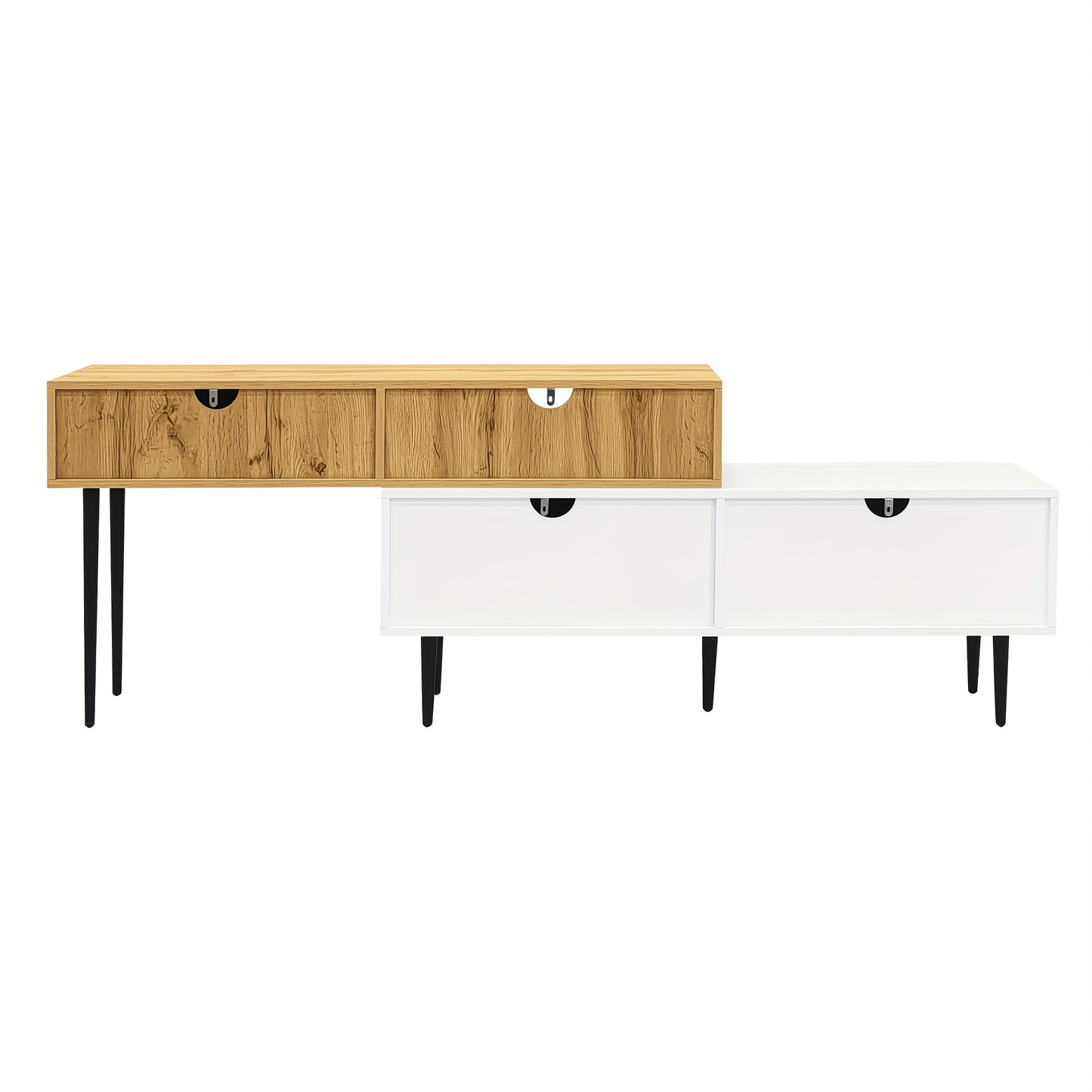 TV Meubel – TV Kast – TV Meubelkast – Lowboard – Mediameubel – Verstelbare Lengte – Modulaire Twee-delige Ontwerp – Zwarte Metalen Poten – Warme Bruine Afwerking
