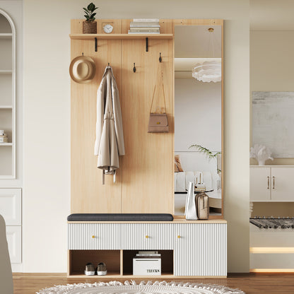 Halmeubel – Kapstok – Schoenenkast – Garderobekast – Schoenenbank – Met Spiegel – Gepolsterde Zitbank – Multifunctioneel Opbergmeubel 120x40x200 cm