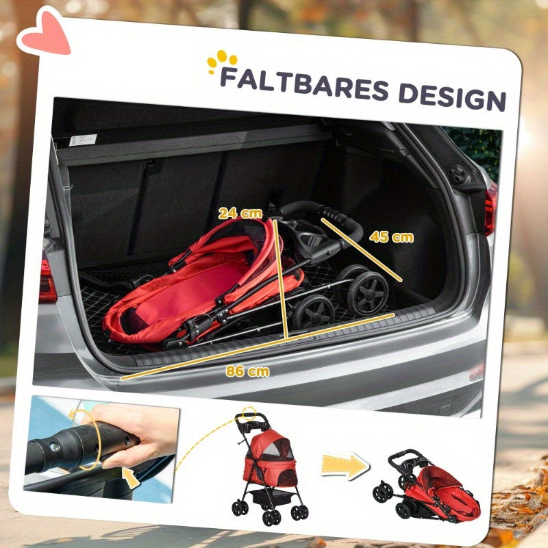 Dierenwagen – Huisdierwagen – Hondenwagen – Kattenwagen – Opvouwbare Buggy – Lichtgewicht Oxford – Ventilerend Mesh – Compact 67x45x96 cm – 4 Wielen Met Rem – Ergonomisch Handvat – Rood