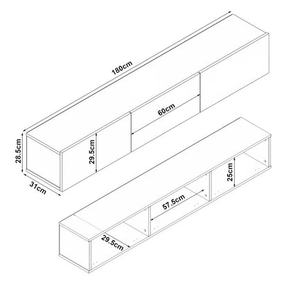 TV Meubel – TV Kast – TV Dressoir – Mediameubel – Hangend TV Meubel – Zwart & Eiken – 180x31x29,5 cm – 3 Opslagvakken