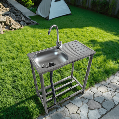 RVS Keukenspoelbak – Spoelbak Met Werkblad – Wasbak – Buitenkeuken Spoelbak – Vrijstaande Spoelbak – Roestvrij Staal – 75x40cm – Met Warm- En Koudwaterkraan – Duurzaam En Praktisch Design