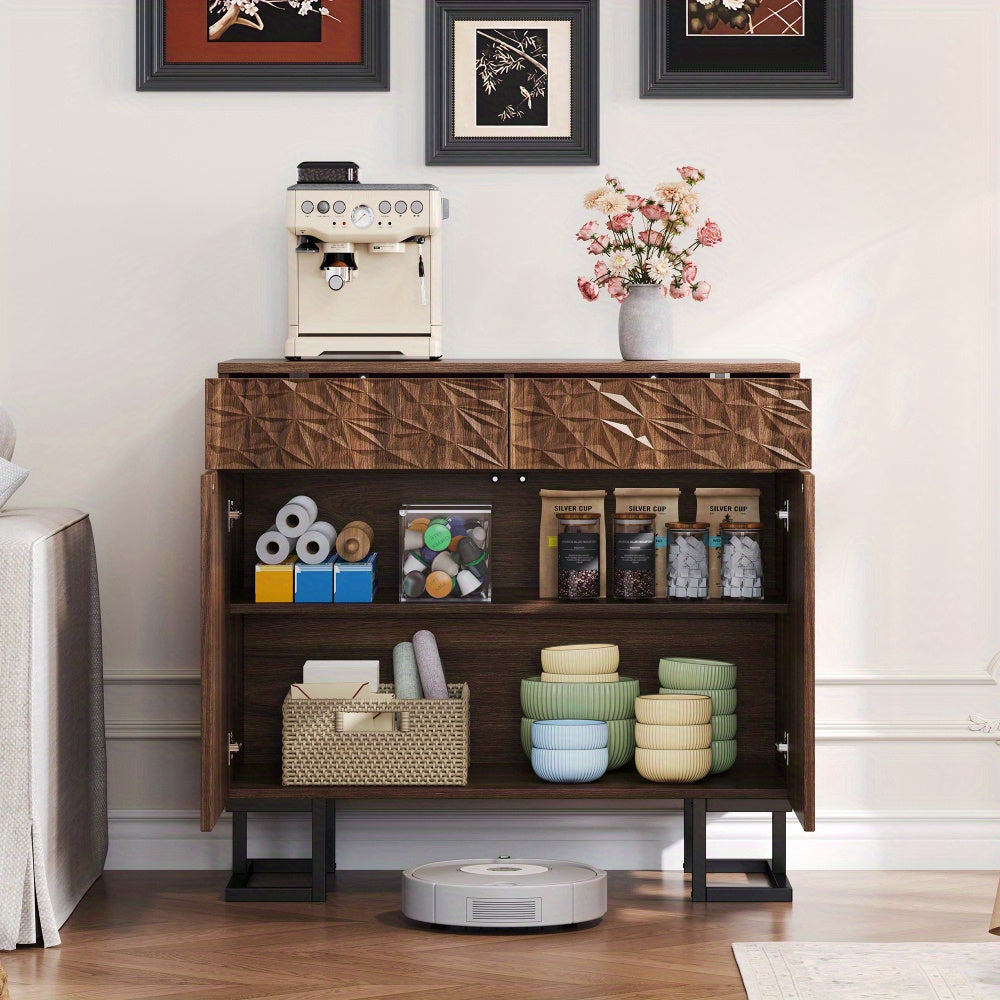 Dressoir – Opbergkast – Ladekast – Buffetkast – Sideboard – Donkerbruin Walnootfineer – 2 Laden en 2 Deuren – Grepenloos Design – Metalen Poot – 80x40x78 cm